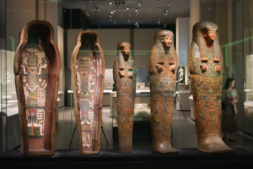 Anthropoid coffins at the Hong Kong Palace Museum during the media preview of “Ancient Egypt Unveiled: Treasures from Egyptian Museums” on November 18. Photo: Sam Tsang
