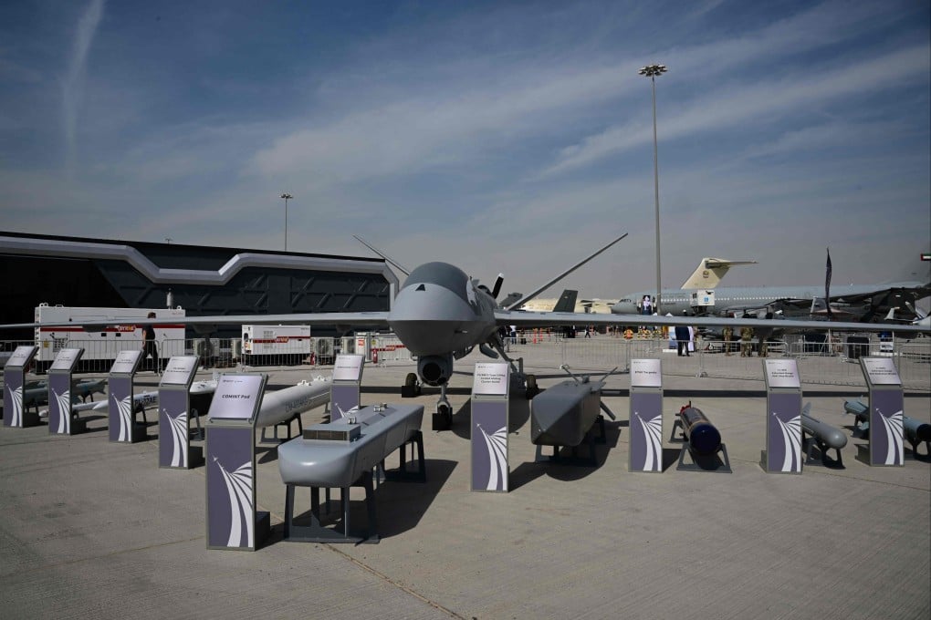 A full-scale model of a Chinese Wing Loong-X UAV is displayed on November 17, the opening day of the Dubai Airshow 2025. Photo: AFP