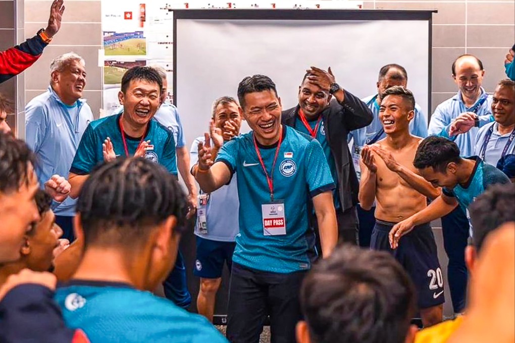 David Neo addresses a jubilant Singapore dressing room after their win over Hong Kong. Photo: Handout