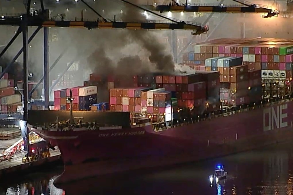 This image taken from a video shows smoke rising from a blaze on a container ship docked at the Port of Los Angeles on Friday. Photo: ABC7/AP