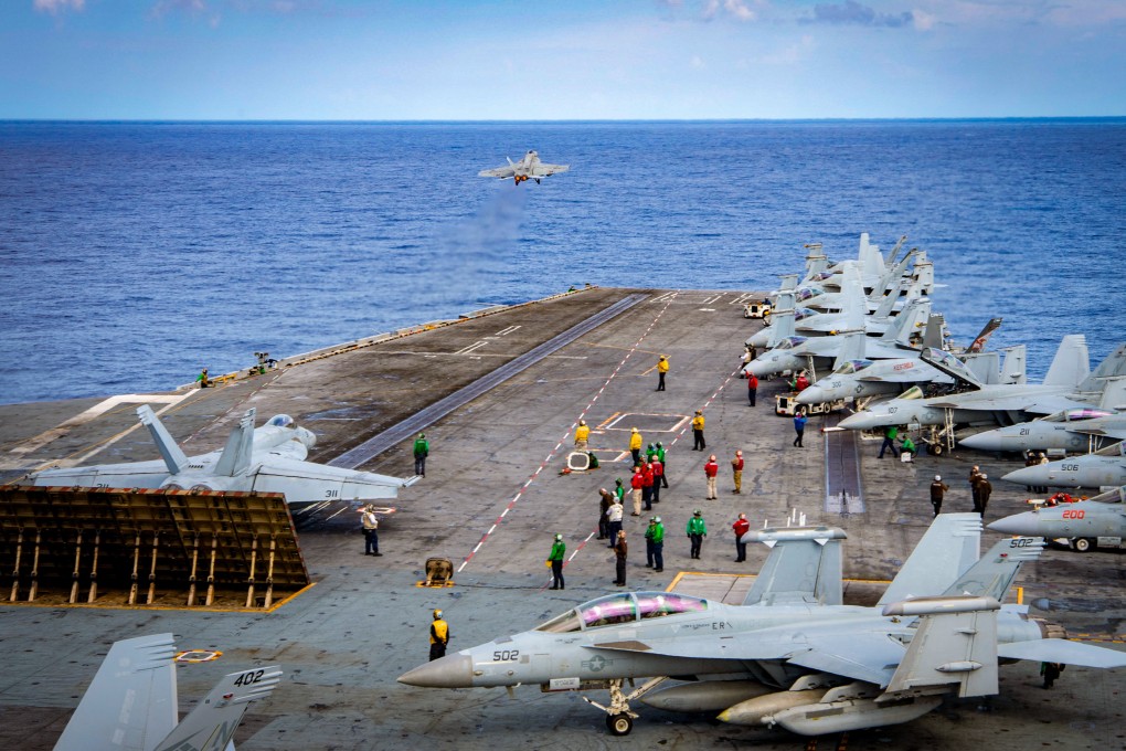 Super Hornet fighter jets take off from the flight deck of the aircraft carrier USS Nimitz, in the South China Sea on June 5. Beijing has previously blamed frequent US military deployments as the “root cause” of maritime security problems. Photo: Handout