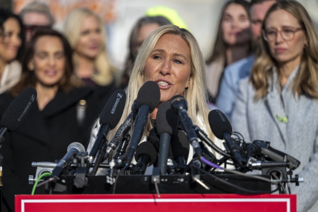 US Representative Marjorie Taylor Greene speaks at a news conference on the Epstein Files Transparency Act at the US Capitol in Washington on Tuesday. Photo: TNS