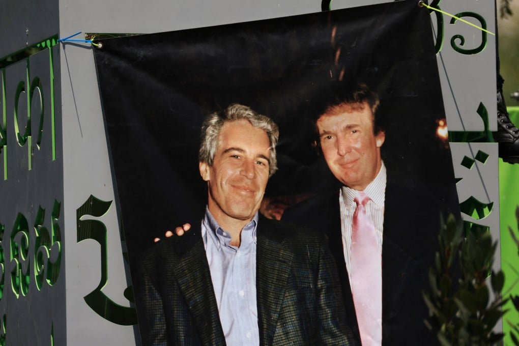 A banner of Jeffrey Epstein and US President Donald Trump (right) hangs in Grand Park during a protest in downtown Los Angeles, California in August. Photo: Reuters