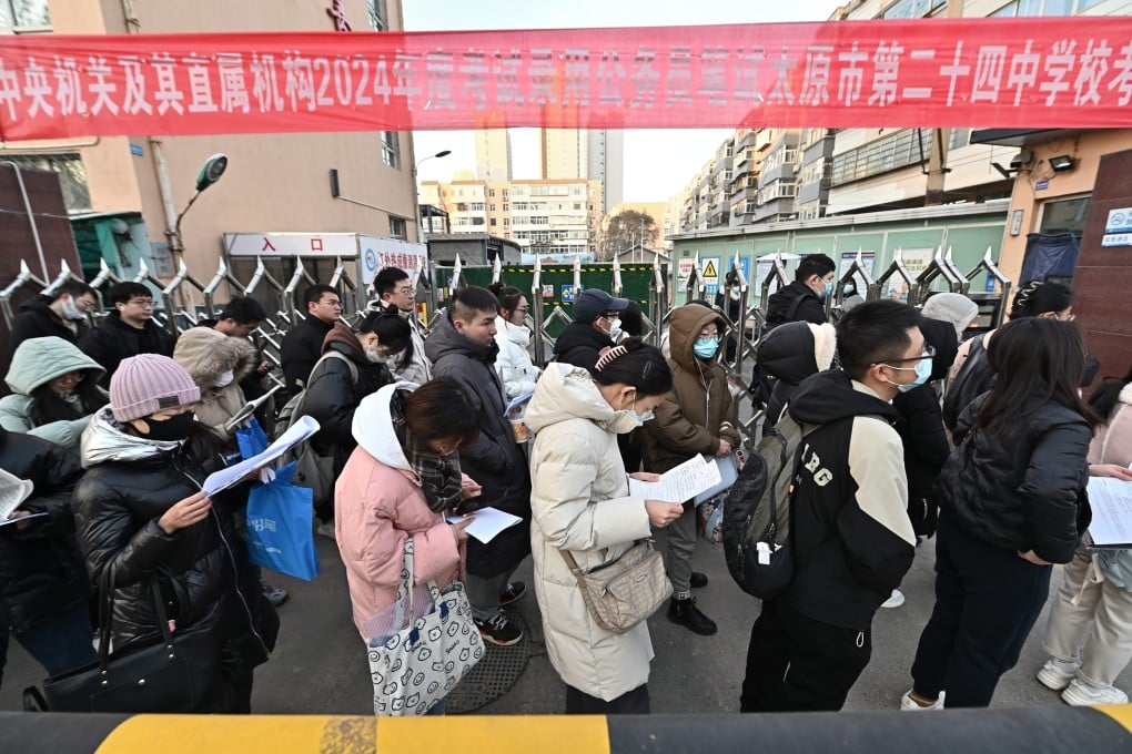 Candidates for the civil service exam wait outside a testing centre in central China. The “iron rice bowl” jobs are highly prized. Photo: Getty Images