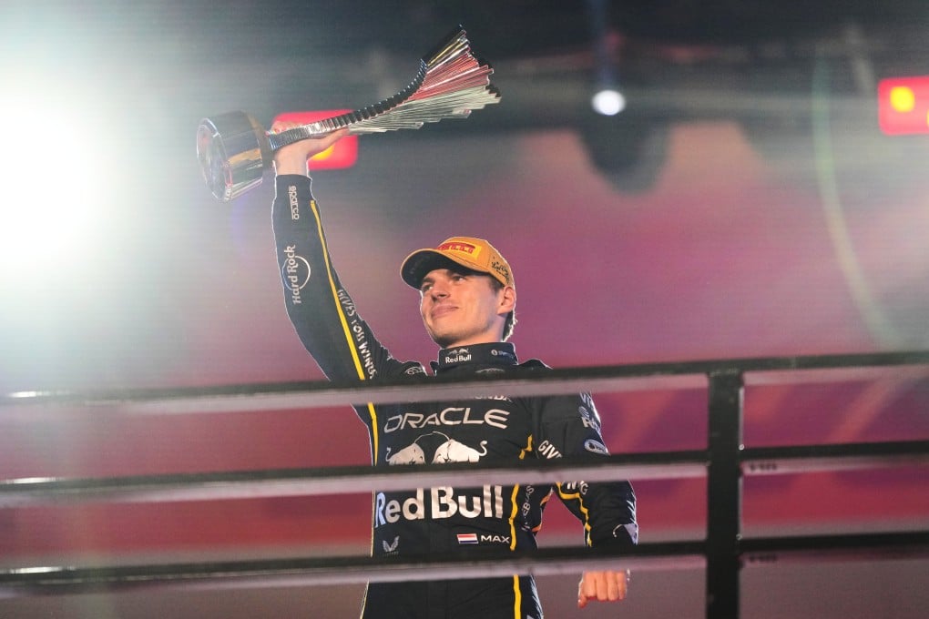 Red Bull’s Max Verstappen celebrates after winning the Las Vegas Grand Prix. Photo: AP