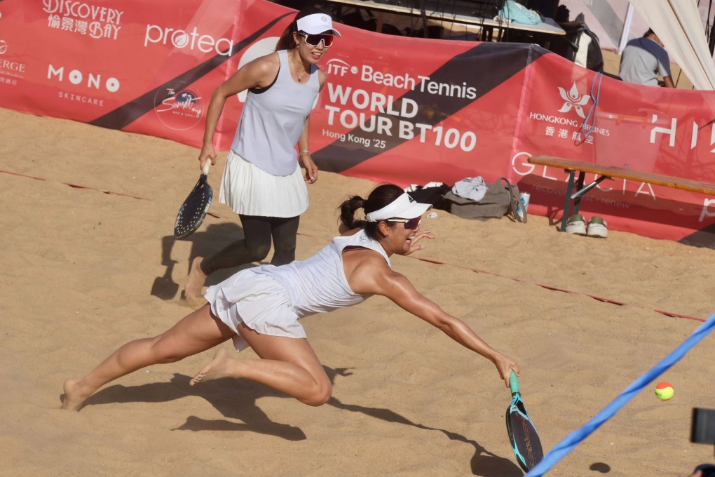 Mako Irie (front) and Aoi Shibayama in the women’s doubles final of the ITF beach tennis competition at Discovery Bay on Sunday. Photo: Jonathan Wong