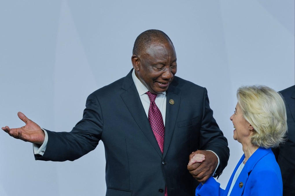 South African President Cyril Ramaphosa speaks with EU Commission President Ursula Von der Leyen at the G20 Leaders’ Summit plenary session in Johannesburg, South Africa, on Saturday. Photo: AFP