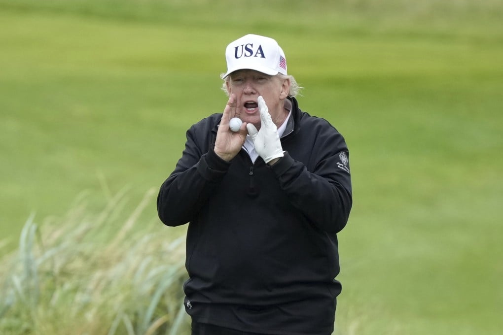 US President Donald Trump shouts as he plays golf at the Trump Turnberry golf course in Scotland in July. Photo: AP