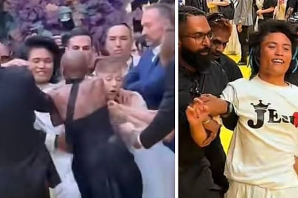 Johnson Wen (right) was charged for public nusiance after he jumped over a barricade at a movie premiere in Singapore and rushed actress Ariana Grande. Photo: TikTok/pyjamamann, UR Dinie