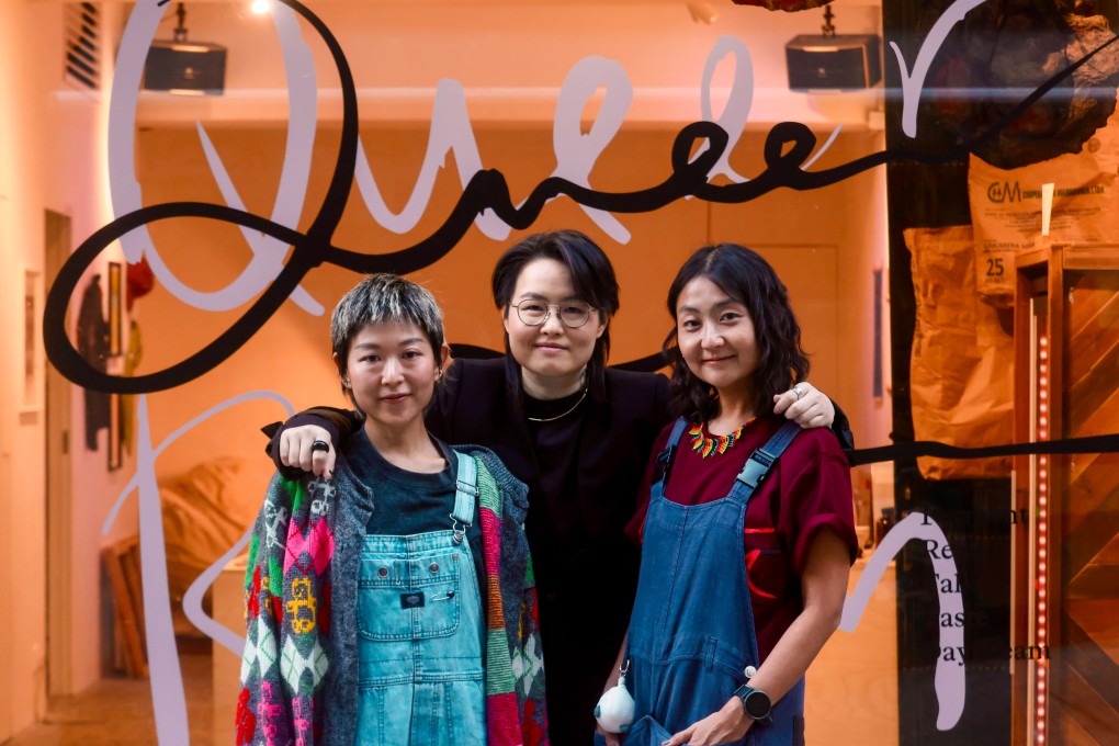 (From left) Queer Room co-founders Lisa Lam, Li Mei-ting and Patricia Lam stand together at the Hong Kong pop-up in Sheung Wan that embraces the LGBTQ community and those living “lifestyles that differ from social norms”. Photo: Jonathan Wong