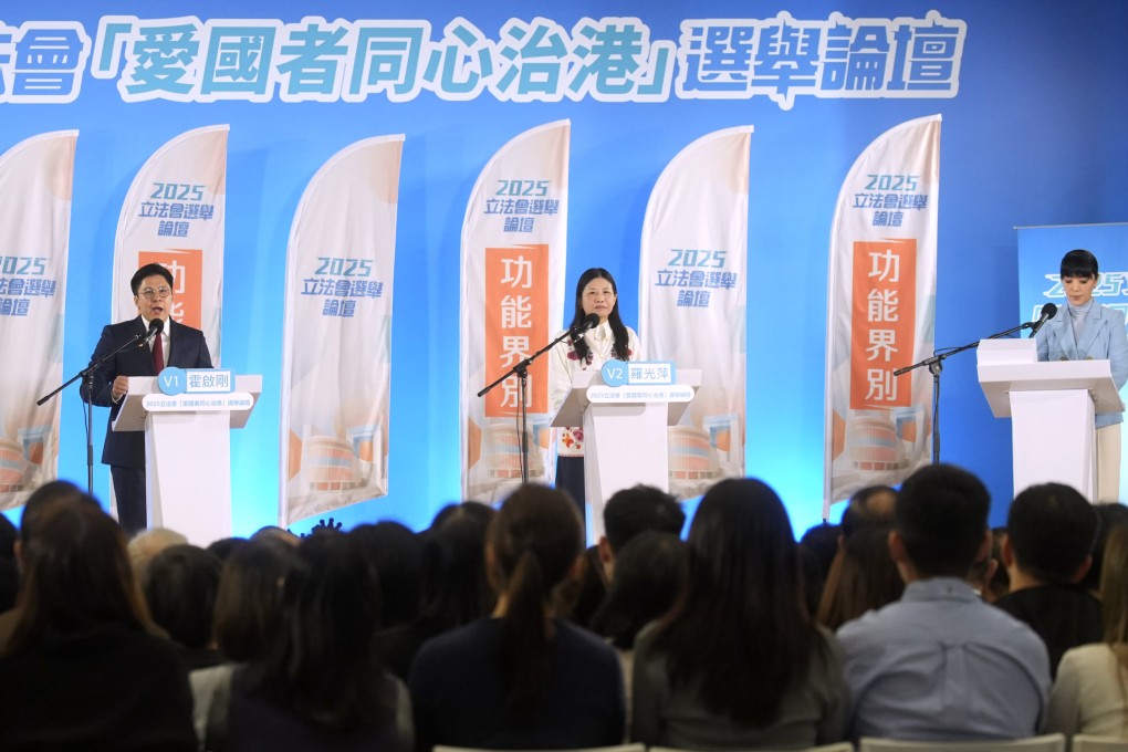 Lawmaker Kenneth Fok (left) and Lo Kwong-ping (centre) present their ideas on how to boost Hong Kong’s cultural sector during a debate in the race for the sports, performing arts, culture and publication functional constituency seat. Photo: Sun Yeung