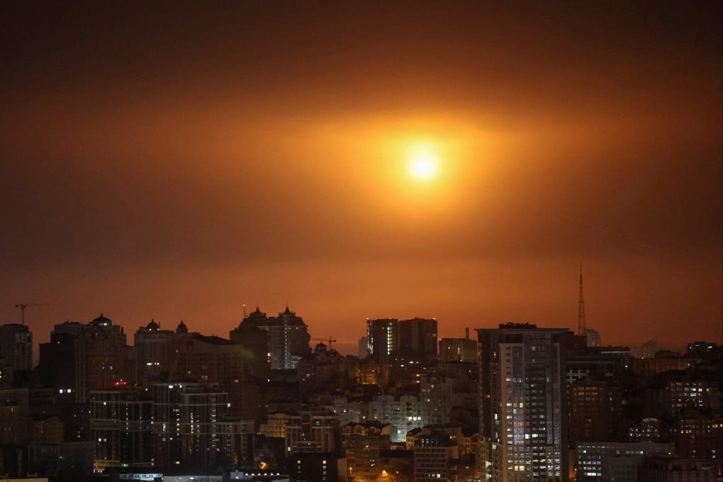 An explosion of a Russian drone in the sky over Kyiv, Ukraine on Tuesday. Photo: Reuters