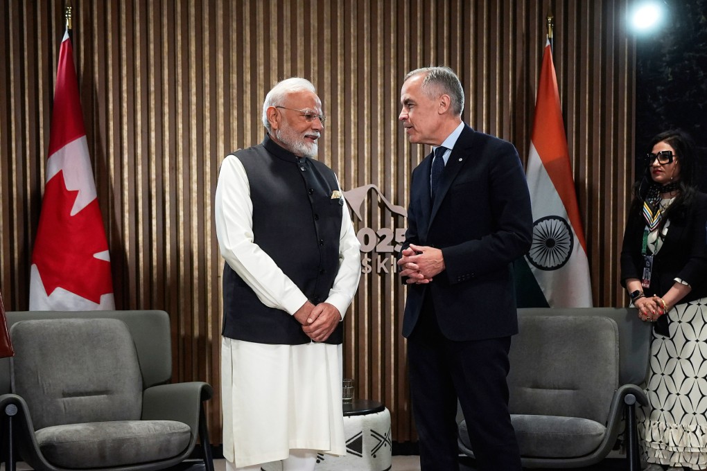 India’s Prime Minister Narendra Modi (left) and Canada’s Prime Minister Mark Carney speak before a meeting at the G7 summit in Kananaskis, Alberta, in June. Photo: AP