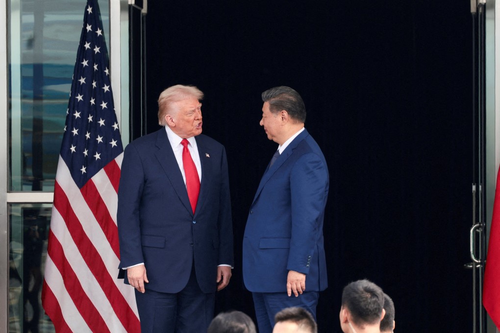 US President Donald Trump and Chinese President Xi Jinping talk as they leave after a bilateral meeting at Gimhae International Airport, on the sidelines of the Asia-Pacific Economic Cooperation summit, in Busan, South Korea, in October. Photo: Reuters