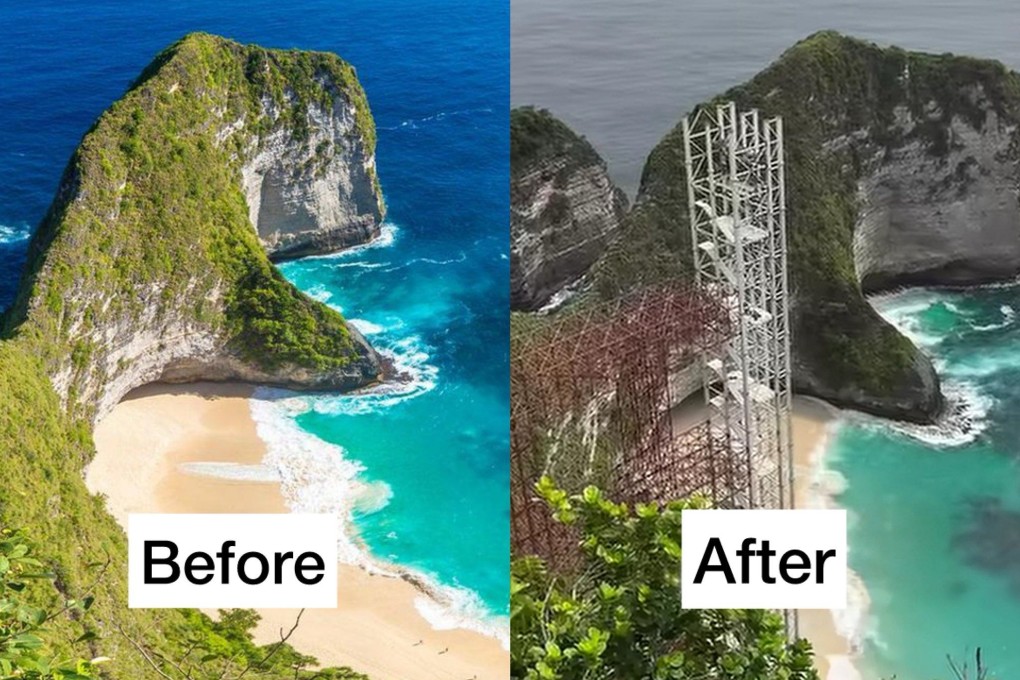 Before and after images of Kelingking Beach on the island of Nusa Penida. Photo: X / pendakilawas