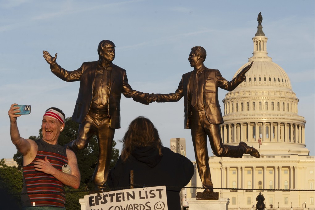 A statue depicting US President Donald Trump and Jeffrey Epstein in Washington in October. Photo: AP