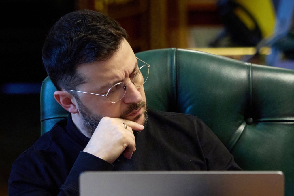 Ukraine’s President Volodymyr Zelensky during a phone call on Friday with the French president, British prime minister and German chancellor. Photo: Ukrainian Presidential Press Service via AFP