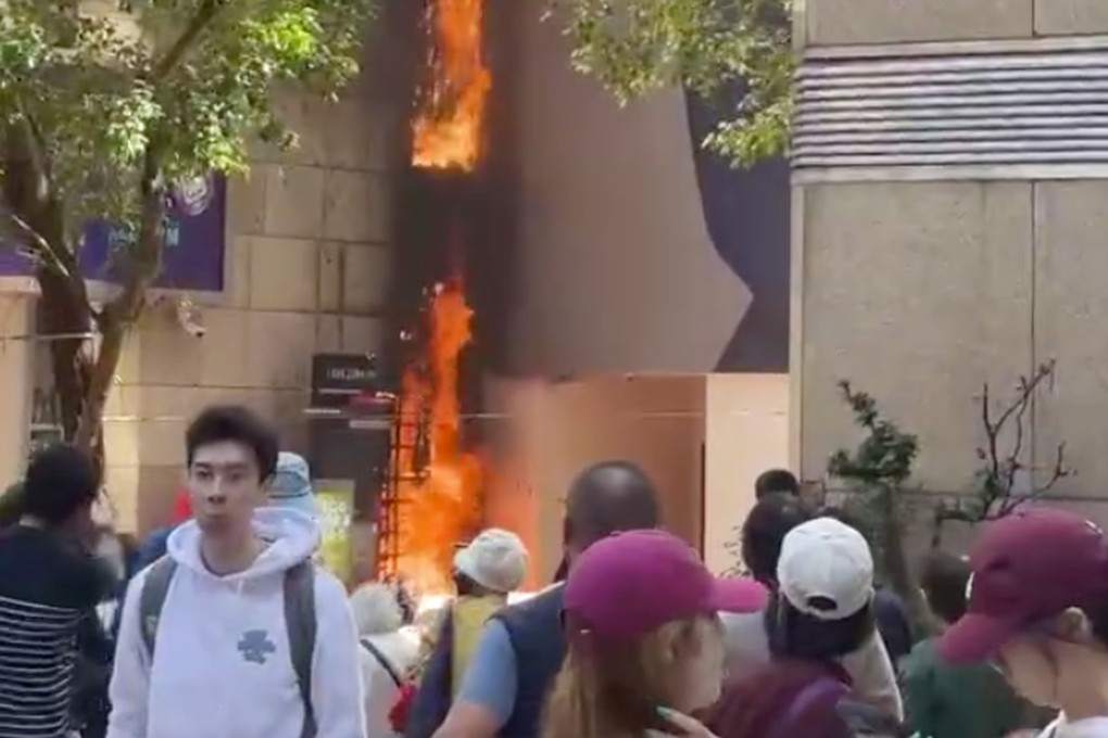 An exterior wall of a shopping centre in Hong Kong’s Causeway Bay caught fire during the lunch hour on Tuesday. Photo: Handout