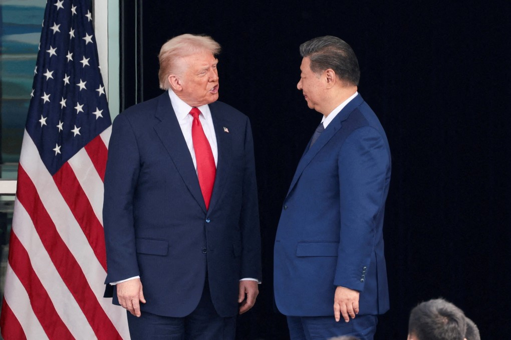 US President Donald Trump and Chinese President Xi Jinping talk as they leave after a bilateral meeting at Gimhae International Airport, on the sidelines of the Asia-Pacific Economic Cooperation summit, in Busan, South Korea, in October. Photo: Reuters