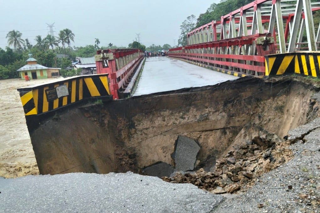 A bridge is destroyed by a flash flood in North Tapanuli, North Sumatra Province, Indonesia on Tuesday. Photo: National Agency for Disaster Countermeasure/AP