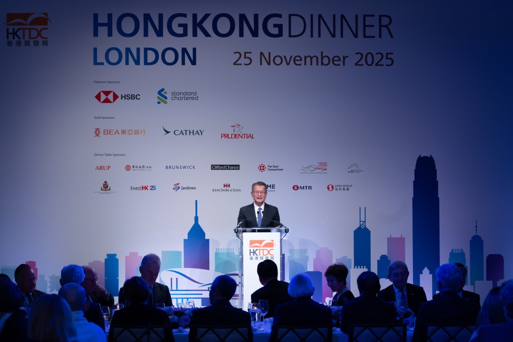 Hong Kong’s finance chief Paul Chan delivers a keynote speech at a dinner hosted by the Hong Kong Trade Development Council in London. Photo: Handout