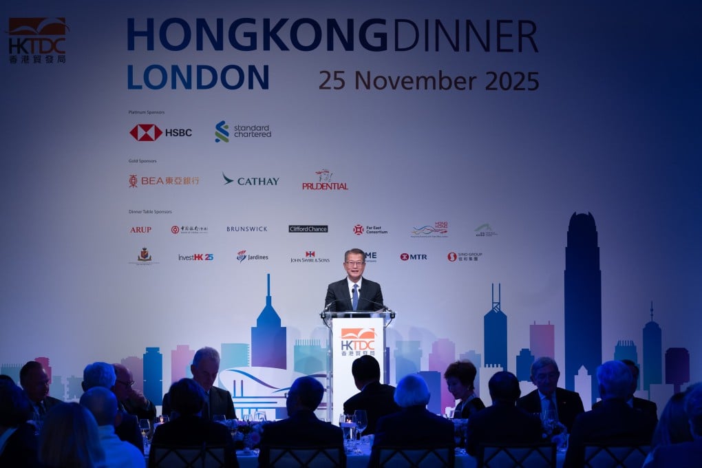 Hong Kong’s finance chief Paul Chan delivers a keynote speech at a dinner hosted by the Hong Kong Trade Development Council in London. Photo: Handout