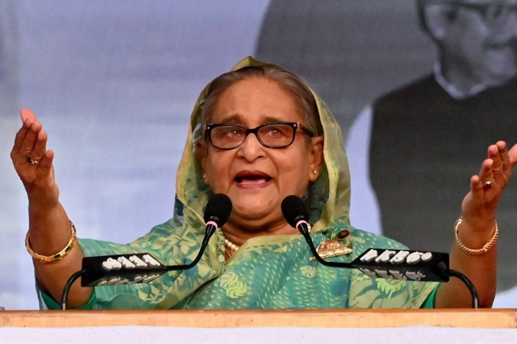 Bangladesh’s then-prime minister Sheikh Hasina addresses a rally during an election campaign in December 2023. Photo: AFP
