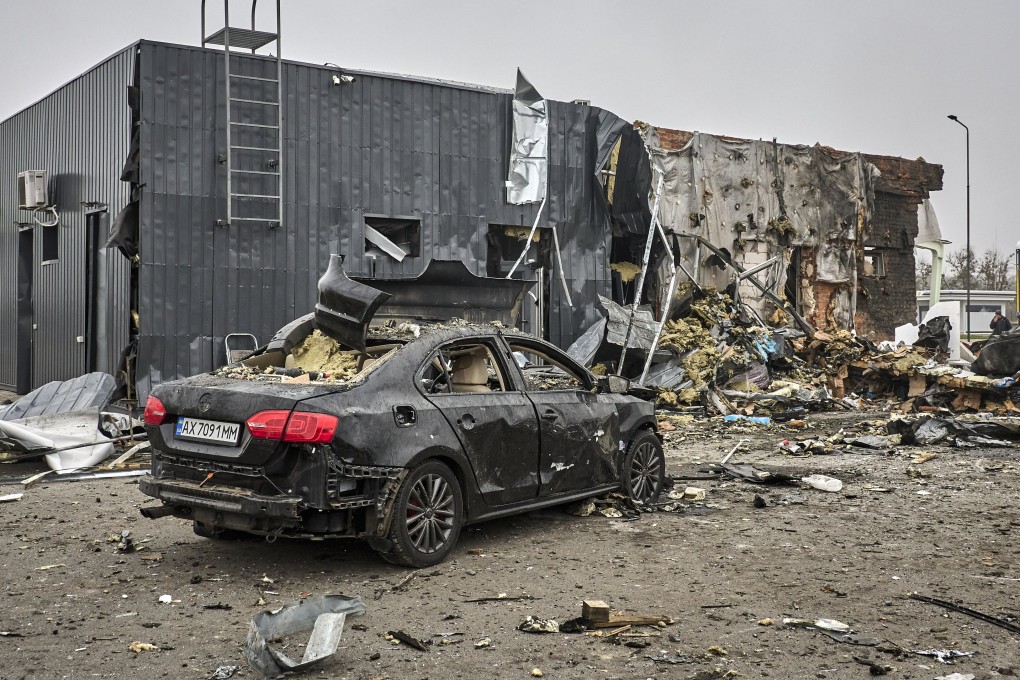 A destroyed gas station at the site of Russian shelling in Kharkiv in northeastern Ukraine this month. As peace talks to end the war progress, Beijing is watching from the sidelines for both opportunities and risks. Photo: EPA