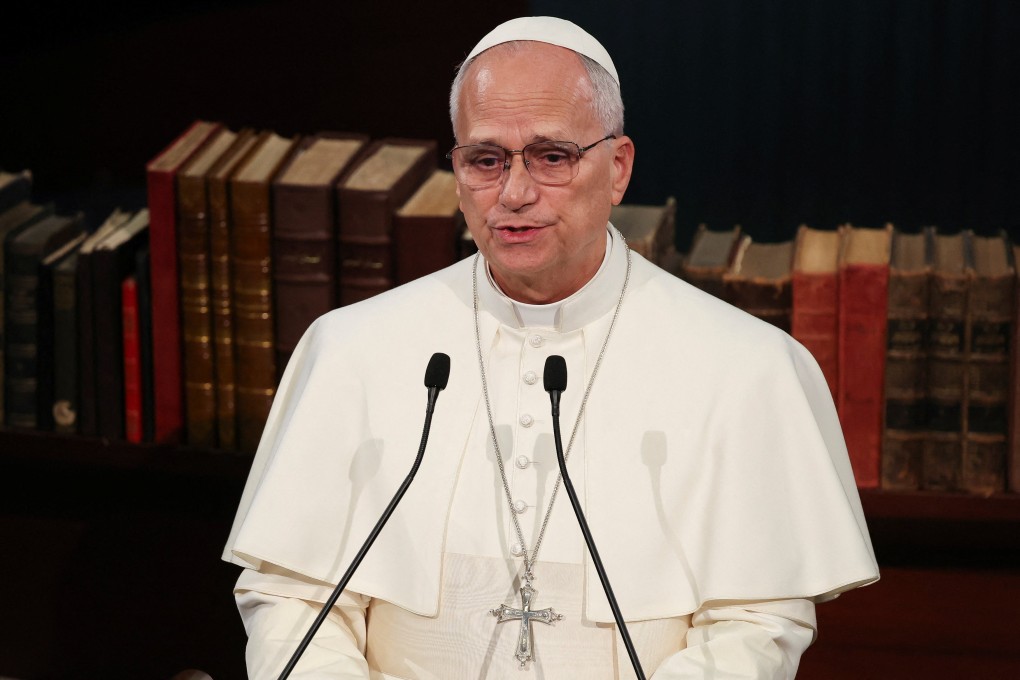 Pope Leo speaks at the National Library of the Presidential Palace, during his first apostolic journey, in Ankara, Turkey on Thursday. Photo: Reuters