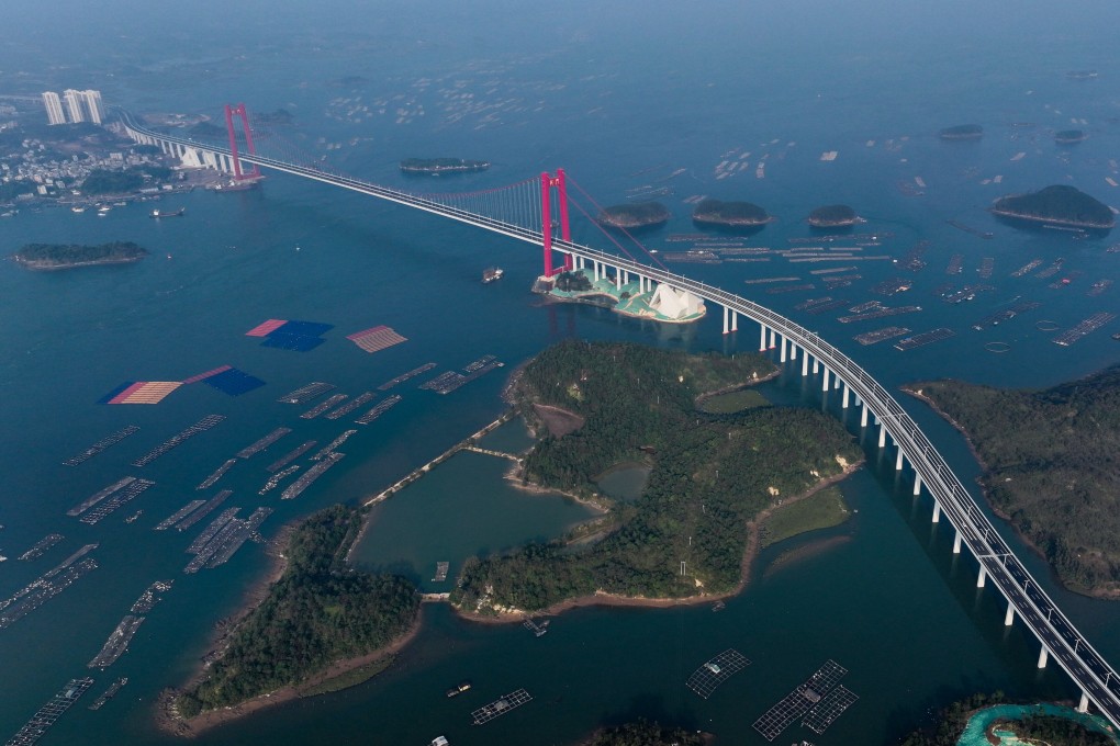 Longmen Bridge, photographed in December 2024. The project crosses the Maowei Sea and Pinglu Canal outlet, one of the country’s latest mega-infrastructure projects. Photo: Xinhua