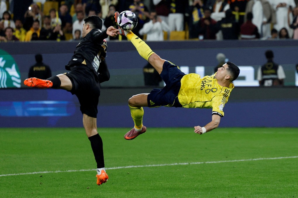 Cristiano Ronaldo scoring Al-Nassr’s spectacular fourth goal in their 4-1 win over Al-Khaleej on Sunday. Photo: Reuters
