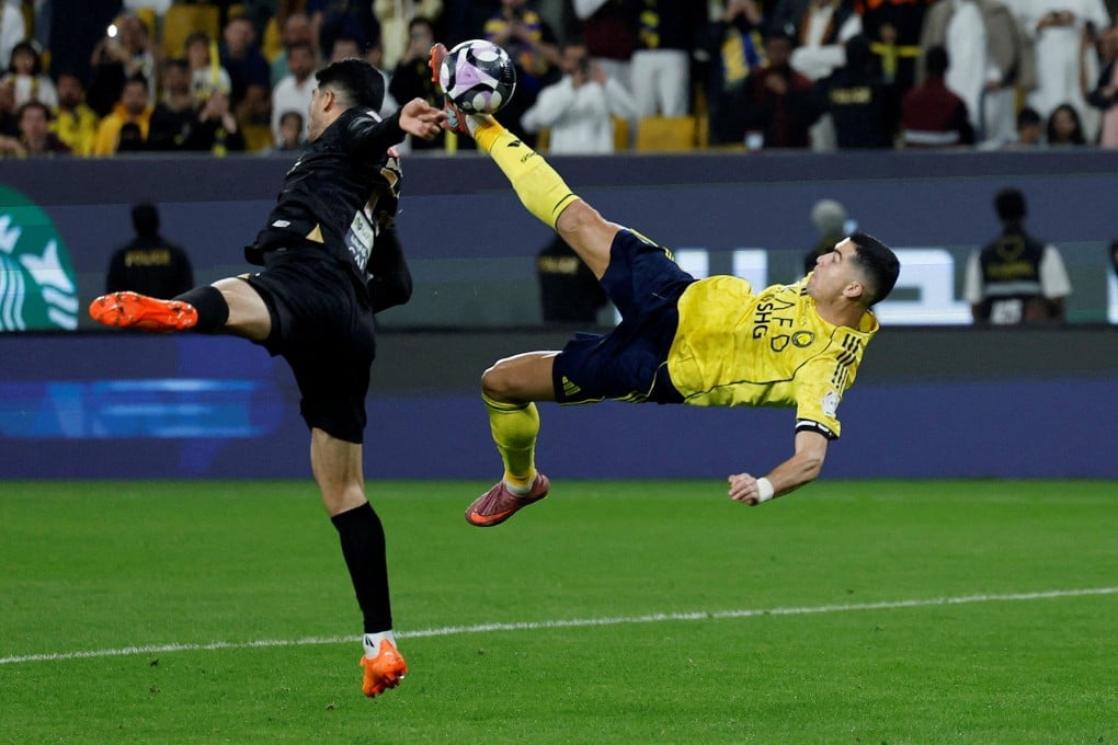 Cristiano Ronaldo scoring Al-Nassr’s spectacular fourth goal in their 4-1 win over Al-Khaleej on Sunday. Photo: Reuters