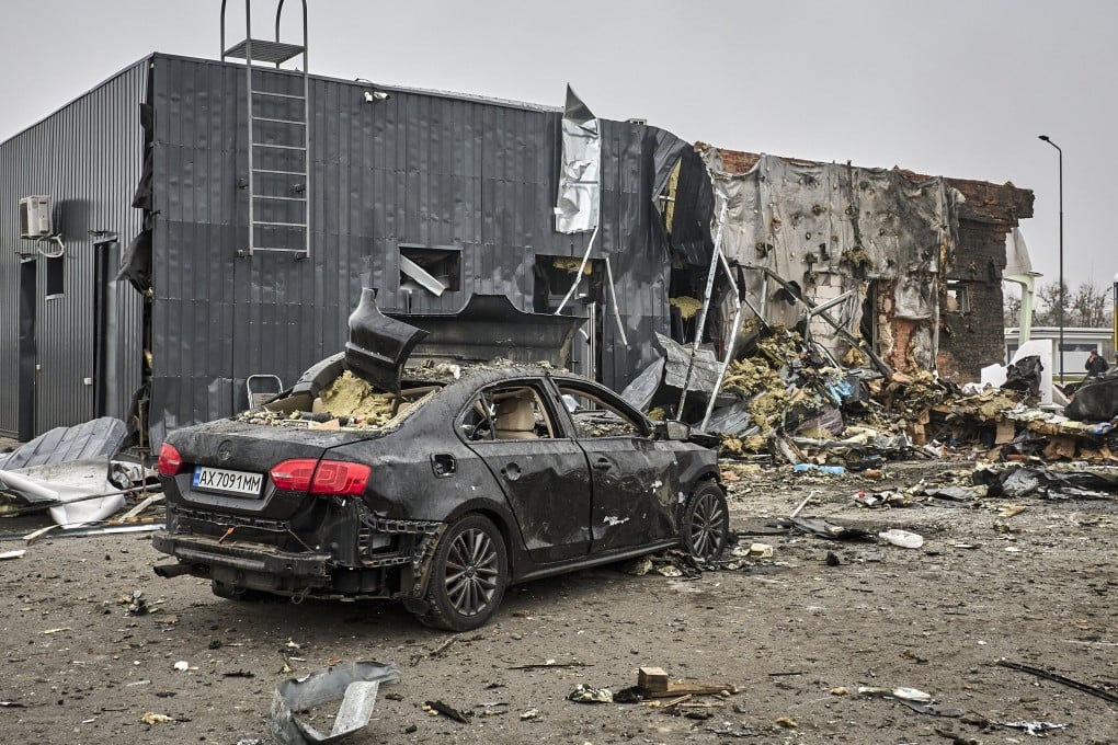 A destroyed gas station at the site of Russian shelling in Kharkiv in northeastern Ukraine this month. As peace talks to end the war progress, Beijing is watching from the sidelines for both opportunities and risks. Photo: EPA