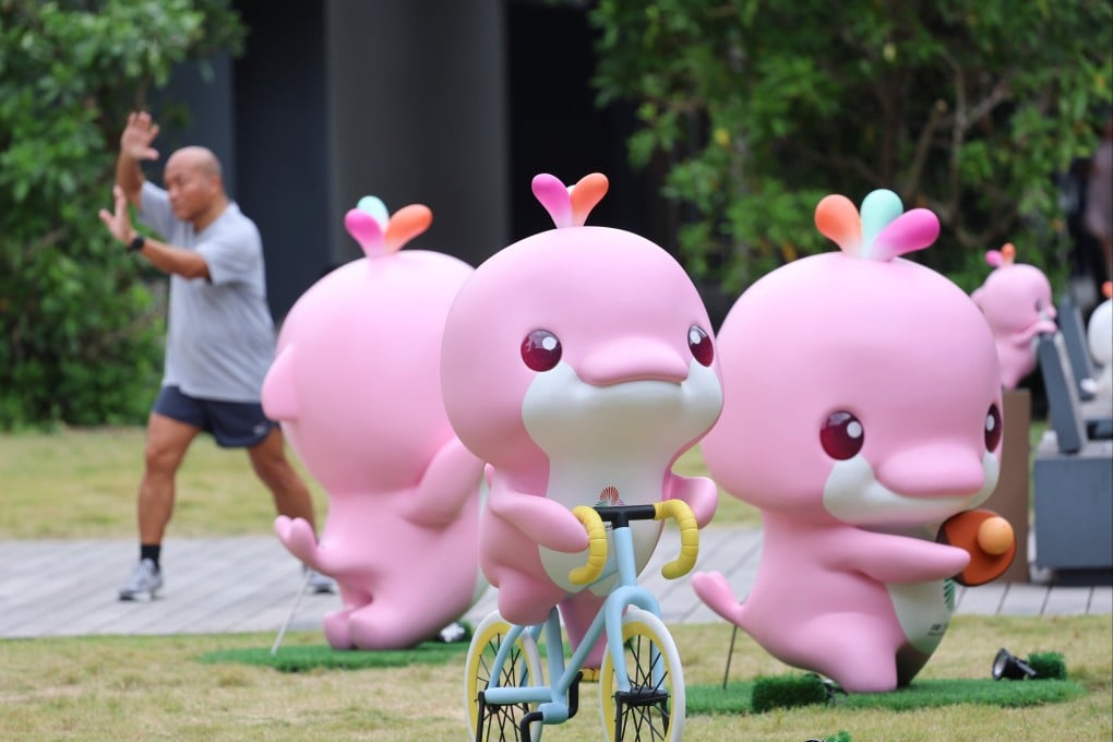 Installations of the National Games mascot Lerongrong are displayed at Kai Tak Station Square in Hong Kong on October 30. Some of the installations, put up across the Greater Bay Area cities, were made of marine plastic collected from beach clean-ups. Photo: Dickson Lee