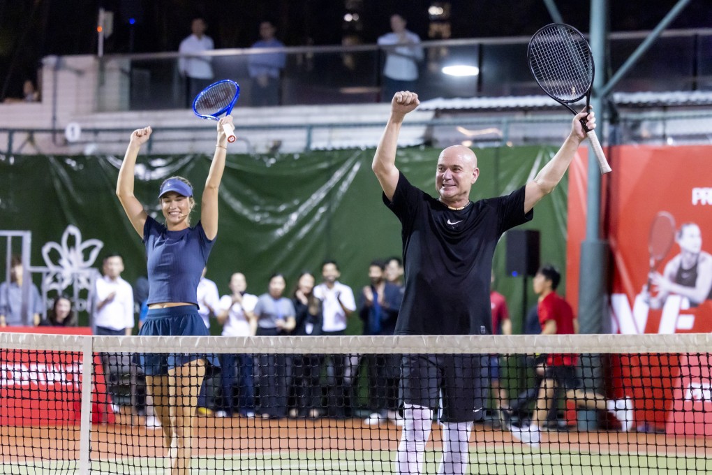 Andre Agassi and Anna Kalinskaya celebrate during a doubles match against Aryna Sabalenka and Justin Gimelstob at the Prudential NextGen Aces 2025 event in Hong Kong. Photo: courtesy NextGen Aces 2025
