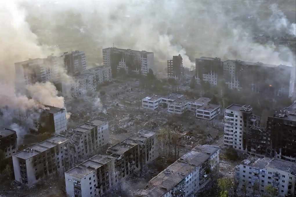 The northeastern frontline town of Vovchansk, Ukraine, during heavy bombardment by Russian forces in 2024. Photo: Tsunami Assault Regiment, Liut Brigade/AP