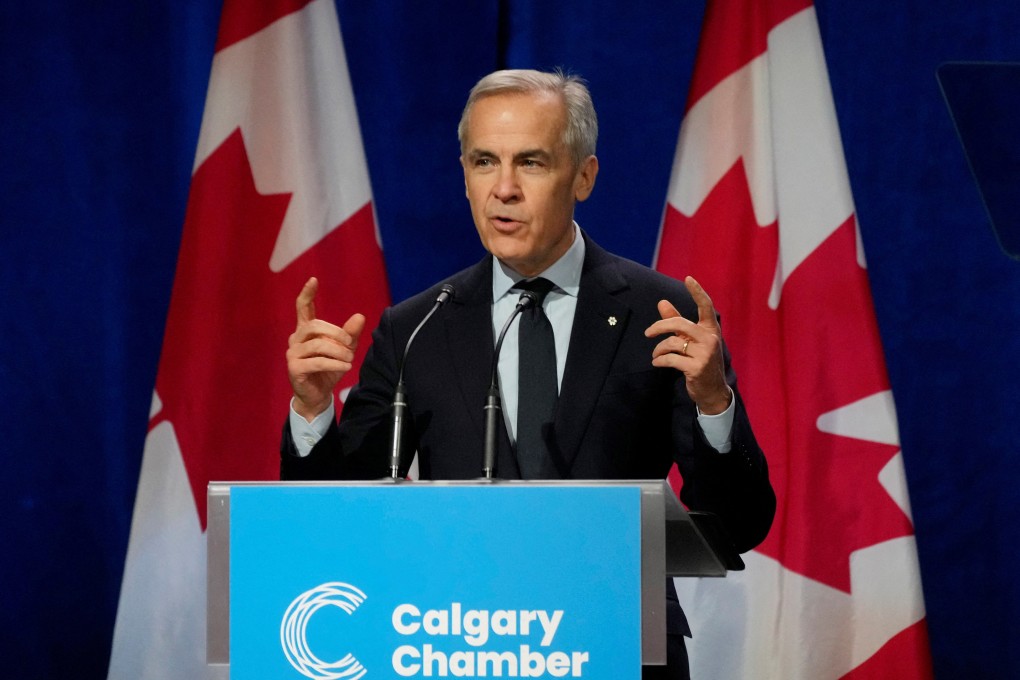 Canada’s Prime Minister Mark Carney speaks at the Calgary Chamber of Commerce in Calgary, Alberta, on Thursday. Photo: Reuters