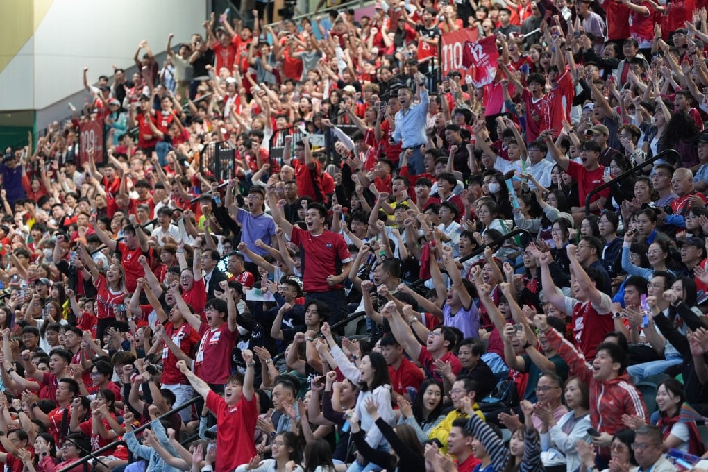 Fans erupt in the second half of Hong Kong men’s handball match against Beijing at the National Games at Kai Tak Arena on November 10. Photo: Eugene Lee