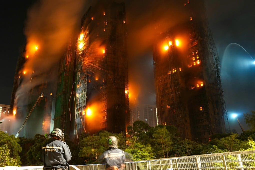 Scaffolding outside Wang Fuk Court in Tai Po catches fire on Wednesday. Photo: Karma Lo