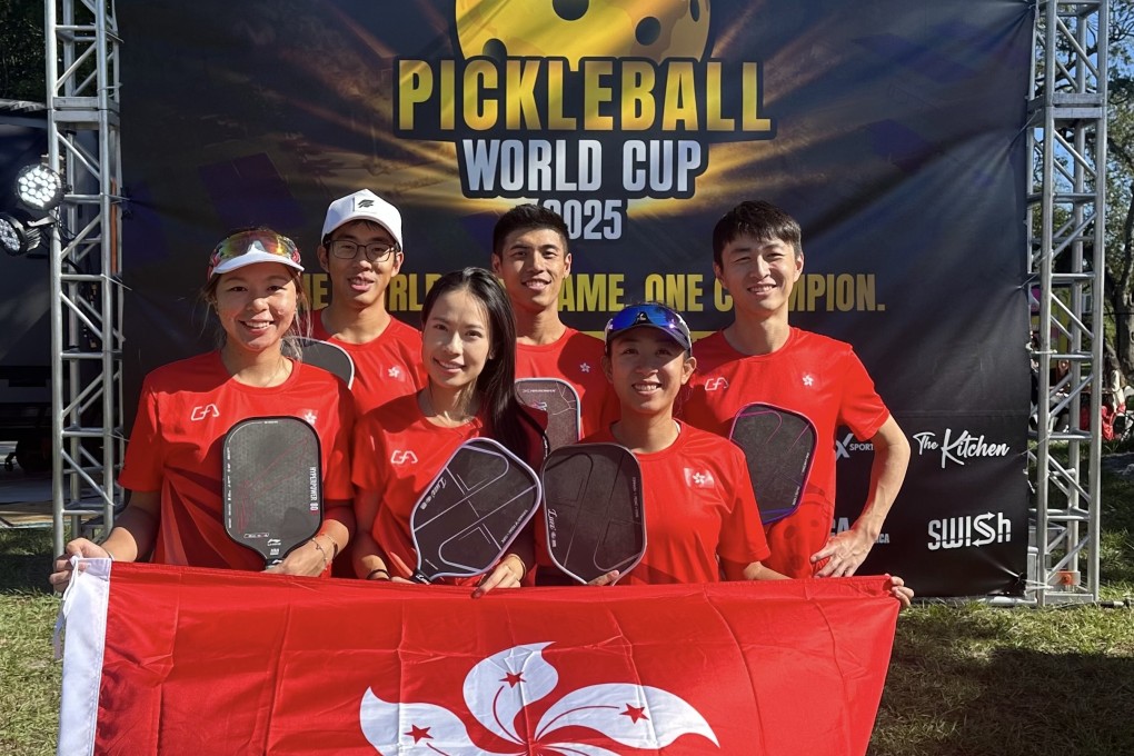 Venice Chan (front centre) with her Hong Kong teammates at the recent Pickleball World Cup in Florida. Photo: Handout