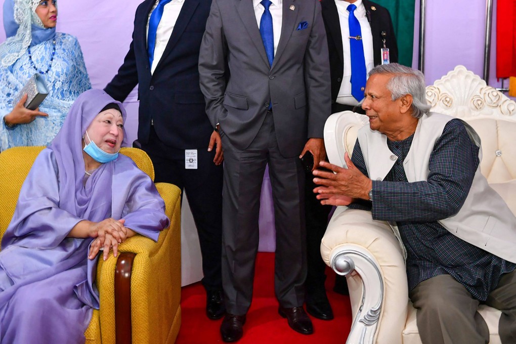 Nobel laureate and chief adviser of Bangladesh’s interim government Muhammad Yunus speaks with former prime minister Khaleda Zia at a reception to mark the country’s Armed Forces Day in Dhaka last November. Photo: AFP/Press Wing of Bangladesh’s Chief Adviser