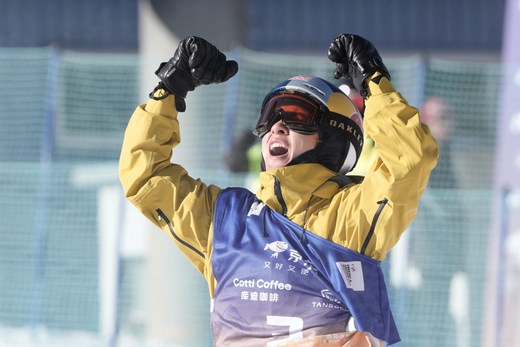 Su Yiming celebrates winning the men’s Big Air World Cup at Secret Garden. Photo: Xinhua