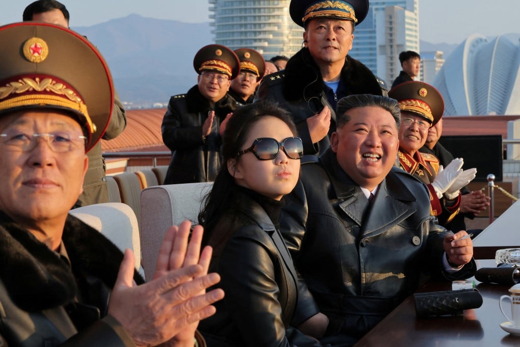 North Korean leader Kim Jong-un and his daughter, Ju-ae, watch an air show during an event to celebrate the Air Force’s 80th anniversary in Wonsan on Friday. Photo: KCNA/Reuters