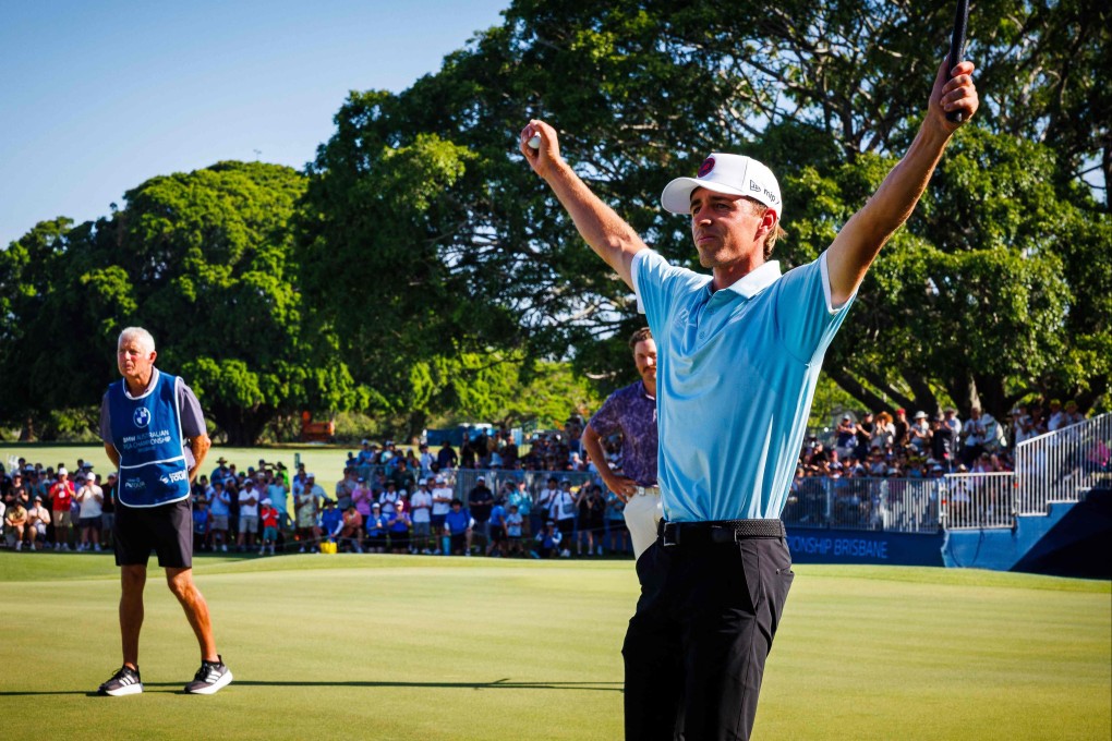 Spain’s David Puig celebrates winning the Australian PGA Championship at Royal Queensland Golf Club. Photo: AFP