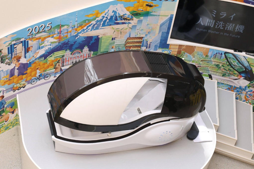 The Mirai Human Washing Machine, which attracted attention at the Osaka Expo, is seen in April. Photo: JIJI Press via AFP