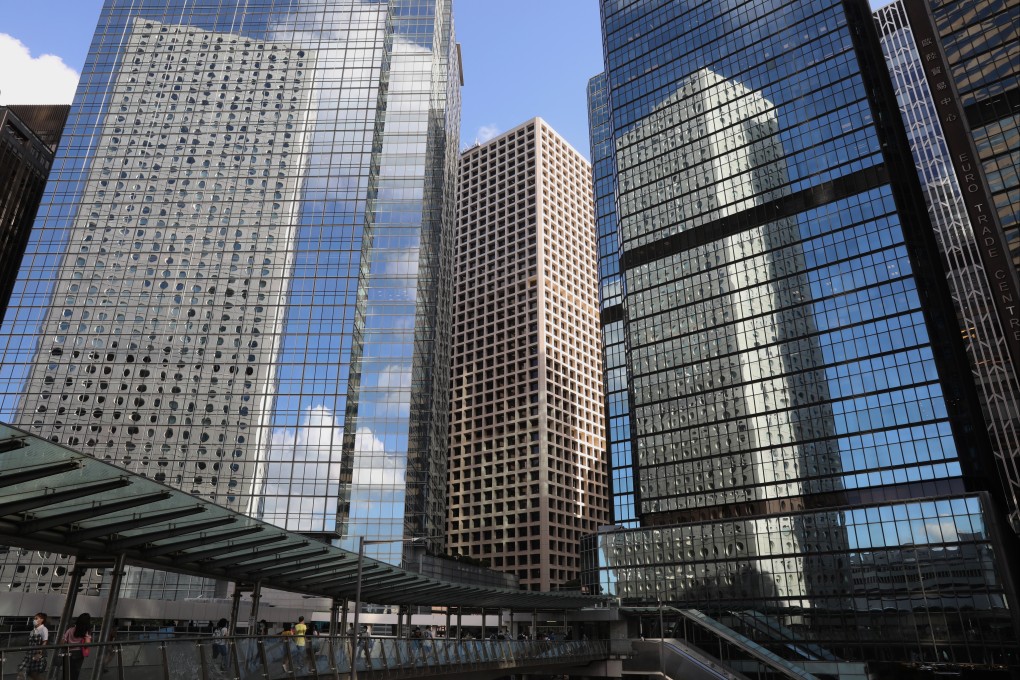 Office buildings tower over a pedestrian bridge in Hong Kong’s financial district of Central on June 11, 2020. Photo: Dickson Lee
