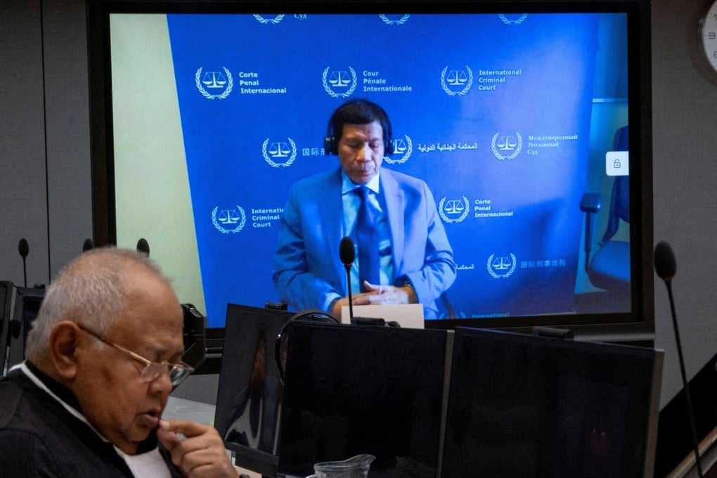 Former Philippine president Rodrigo Duterte appears via video link during an ICC hearing in The Hague in March 2025. Photo: Reuters