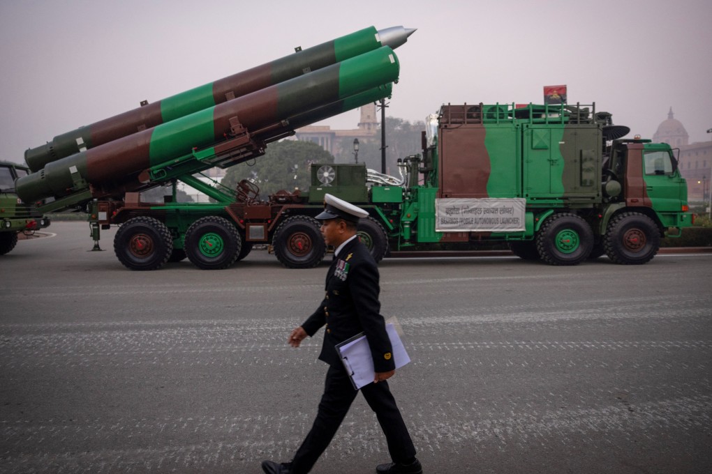 A Indian naval officer walks past a BrahMos weapon systems during a rehearsal for a Republic Day parade in New Delhi, India, on January 20. Photo: Reuters