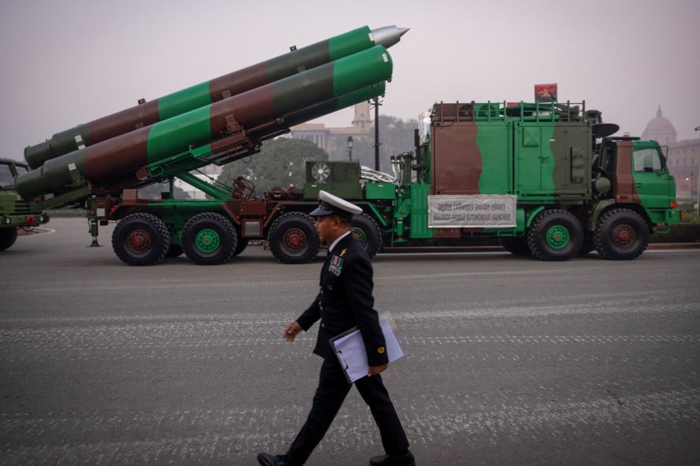 A Indian naval officer walks past a BrahMos weapon systems during a rehearsal for a Republic Day parade in New Delhi, India, on January 20. Photo: Reuters