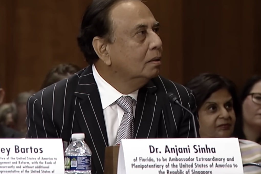 Then ambassador-nominee to Singapore, Anjani Sinha, facing questions from Illinois Senator Tammy Duckworth at a US Senate Foreign Relations Committee hearing in July. Photo: YouTube/Tammy Duckworth